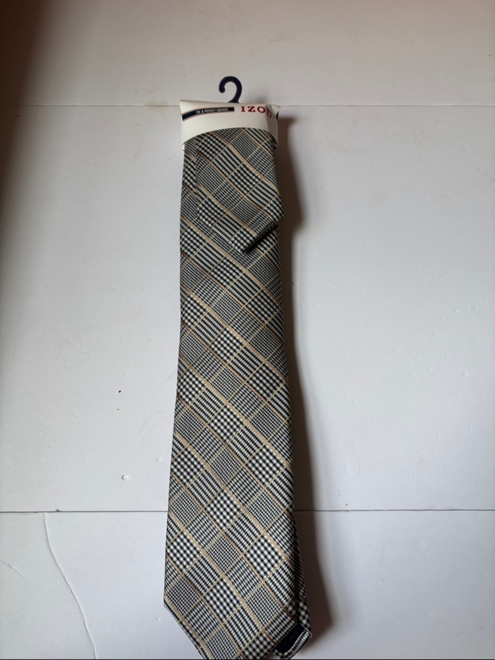 Izod Plaid Tie with Navy and Tan Accents